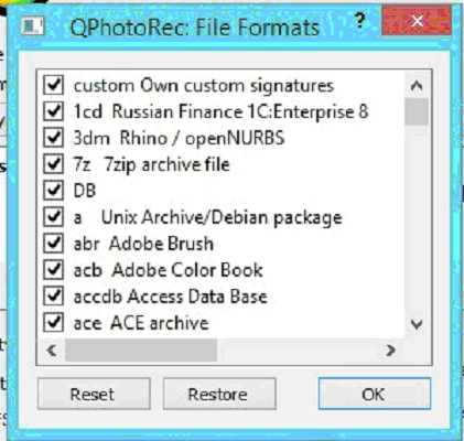 выбор типов файлов в PhotoRec