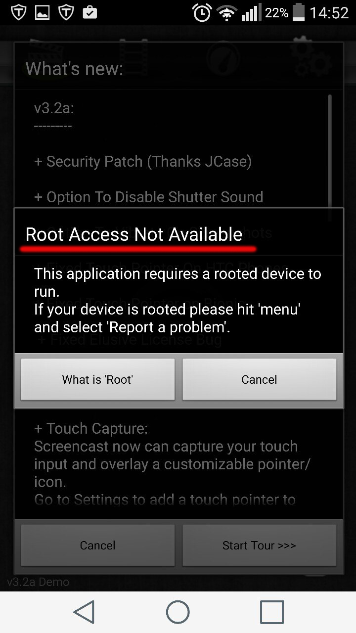 Предупреждение Screencast Video Recorder об отсутствии root-доступа