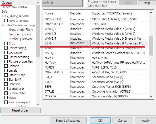 Окно ffdshow video decoder