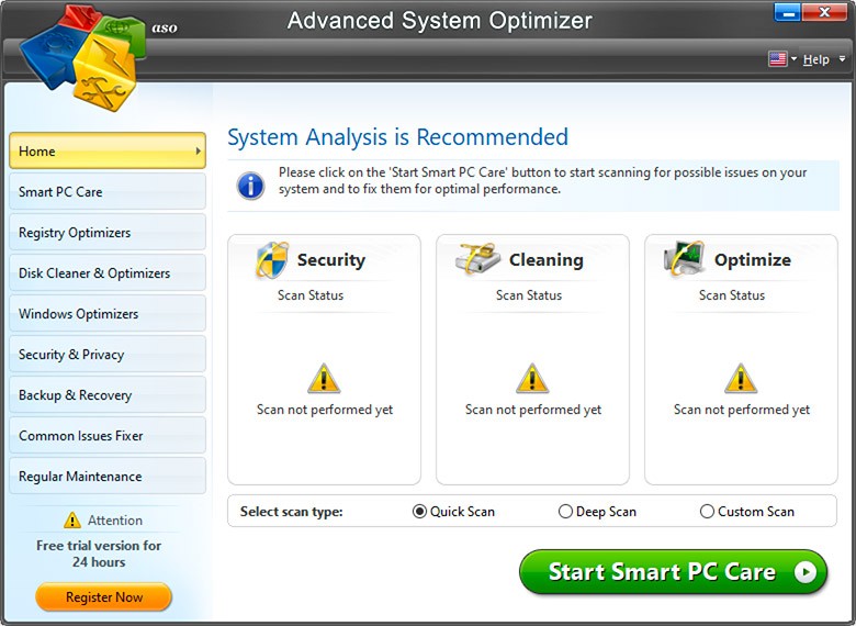 Advanced System Optimizer - главное окно.