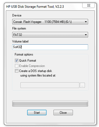 Окно форматирования флешки через HP USB Disk Storage Format Tool