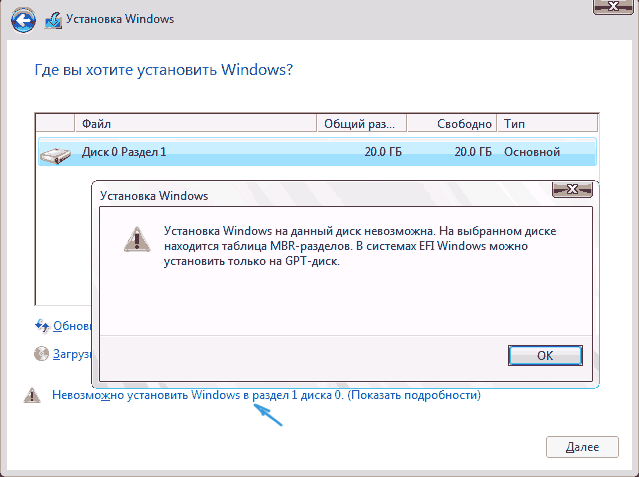 Окно с сообщением о невозможности установки Windows на диск