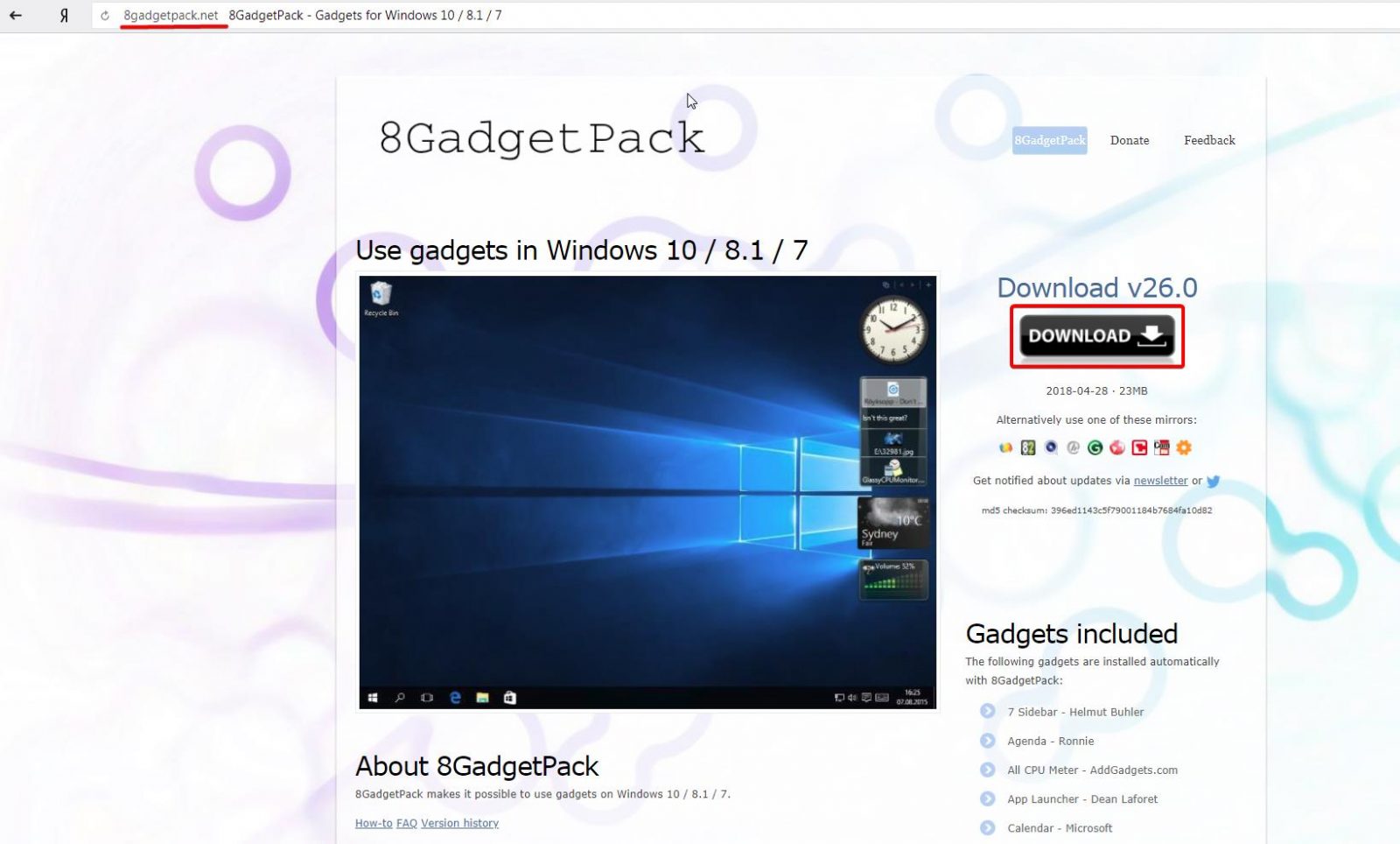 Официальный сайт разработчика программы 8GadgetPack