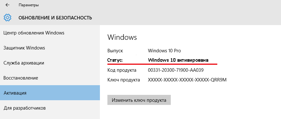 Статус Windows 10 Pro во вкладке «Активация»