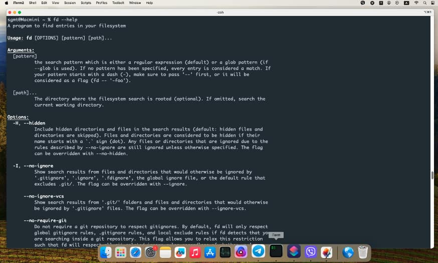 Вывод справки команды fd в Mac OS