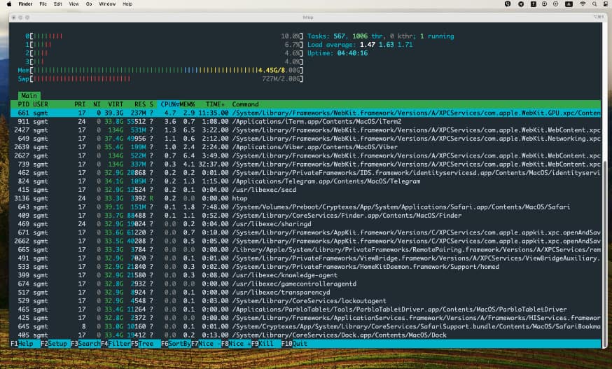 Окно htop в терминале Mac OS