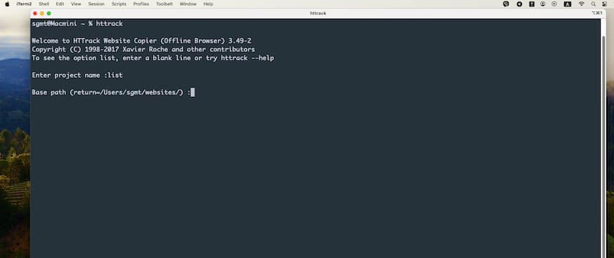 Пример вывода команды httrack в командной строке терминала Mac OS