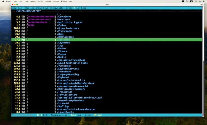 Результат анализа диска командой ncdu в терминале Mac OS