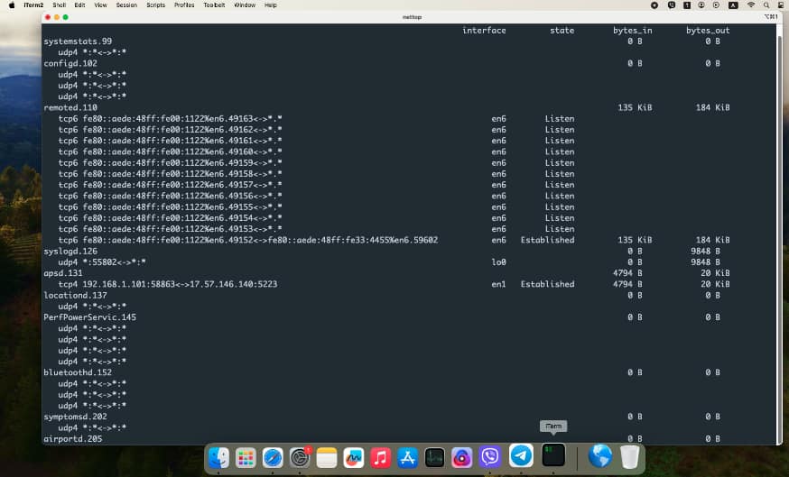 Пример вывода команды nettop в терминале Mac OS