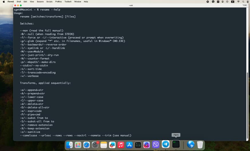 Справка команды rename в консоли Mac OS
