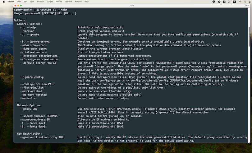 Справка по использованию команды youtube-dl в терминале Mac OS