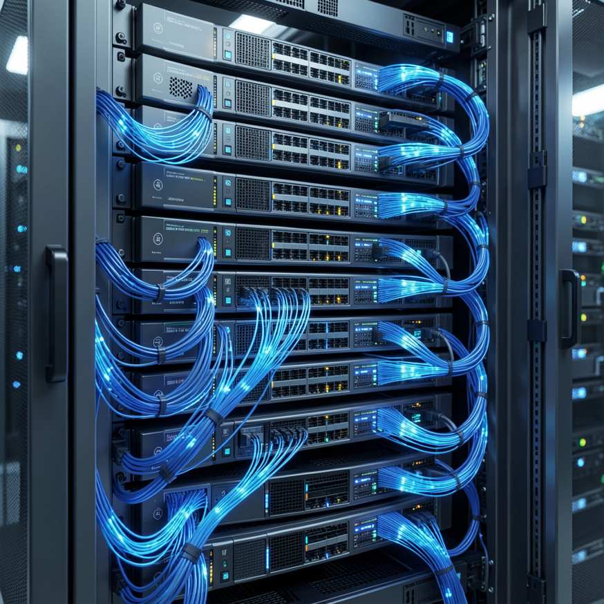 Физическая инфраструктура масштабируемой сети. Стойка с модульными коммутаторами, объединёнными в стек, и оптическими линиями связи. Визуализирует принципы отказоустойчивости, горячего замены модулей и запаса производительности на уровне «железа».