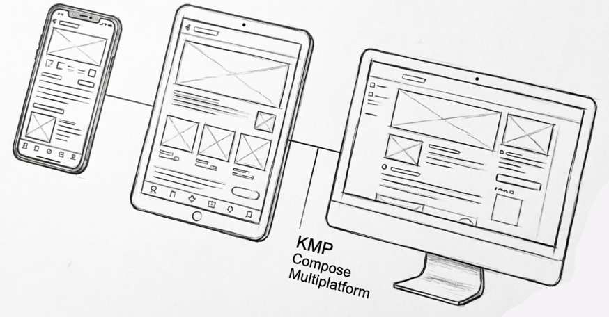 На экранах всех устройств схематично нарисованы интерфейсы «KMP. Compose Multiplatform».