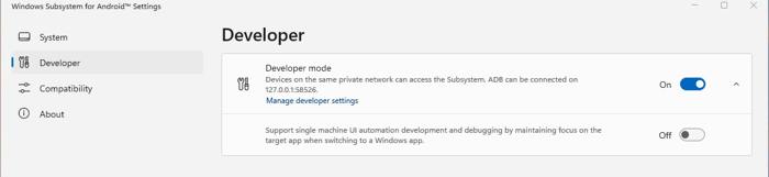 Microsoft Windows 11 Subsystem for Android Settings Developer