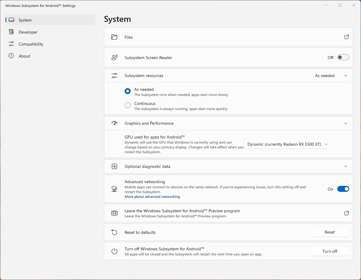 Microsoft Windows 11 Subsystem for Android Settings