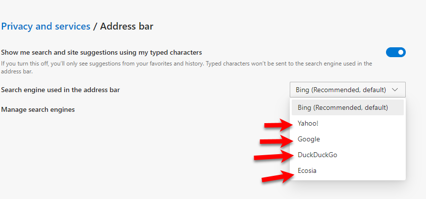 Изменить поисковую систему по умолчанию в Microsoft Edge
