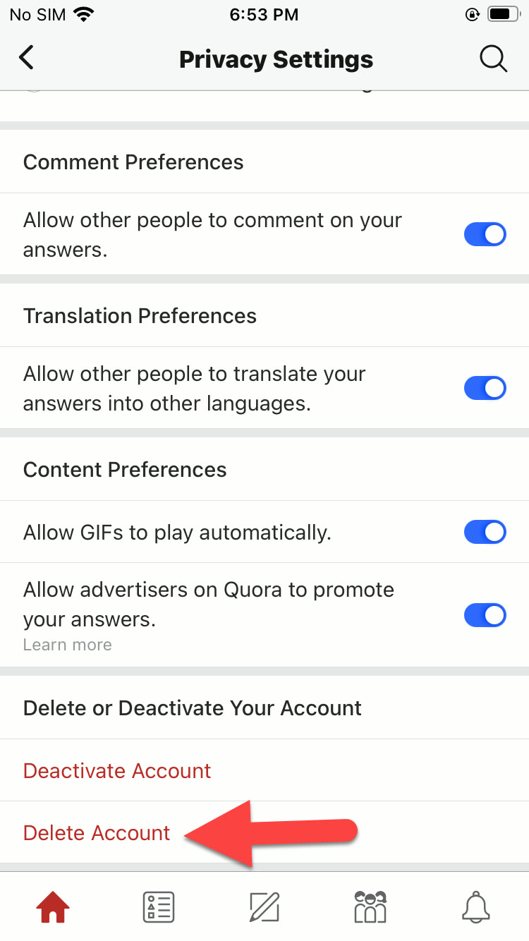 Кнопка удаления учетной записи Quora