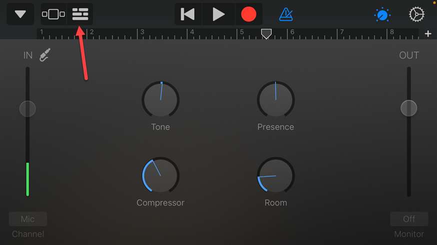 Переход в режим просмотра в GarageBand