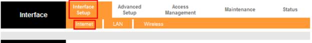 ссылка на вкладку «Interface Setup» и кликнуть на нее, а далее на пункт настроек «Internet».